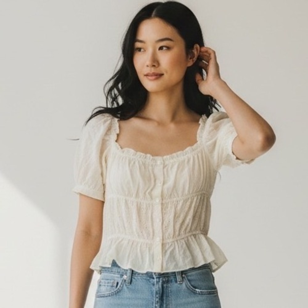 Reformation Cream Off White Ren Fair Peplum Puff Sleeve Button Down Top - XL